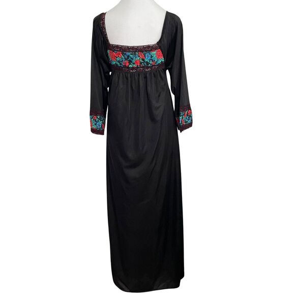 🎀 Vintage 70s Miss Diva Nightgown & Robe Set Black Floral Boho Glam Small - Picture 4 of 13
